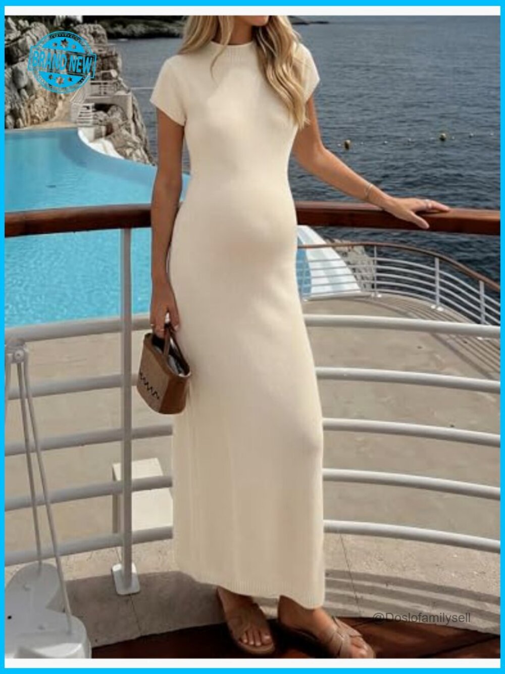 Bodycon Knit Maxi Dress Business Casual Crew Neck Slit Summer - Picture 6 of 7